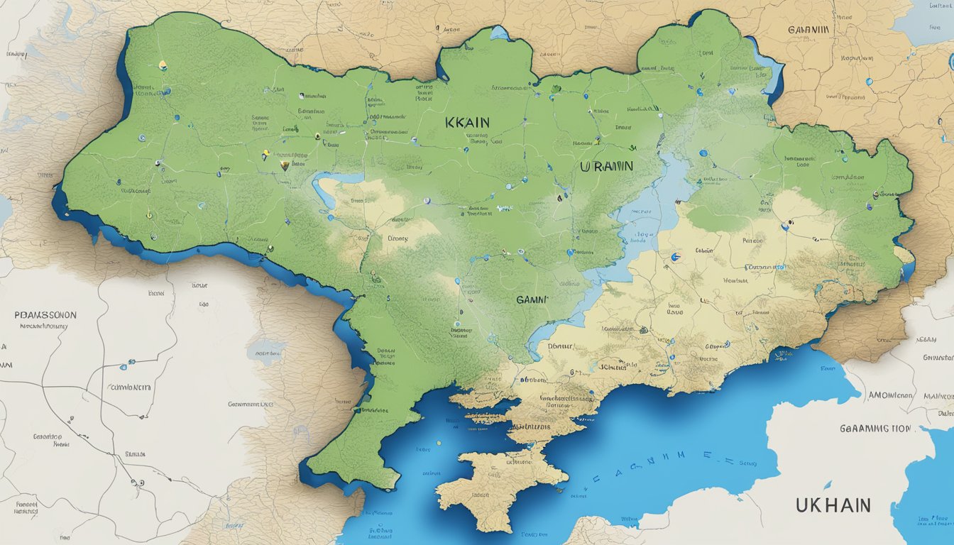 A map of Ukraine with a Garmin GPS device displaying directions and locations within the country