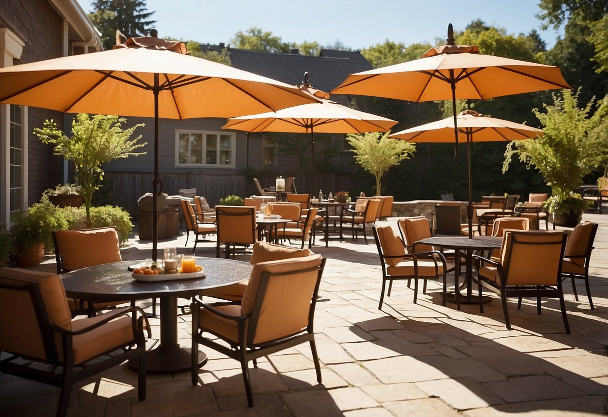 A sunny outdoor patio with a variety of inexpensive furniture pieces, including chairs, tables, and umbrellas. The space is inviting and well-organized, with a sense of affordability and practicality
