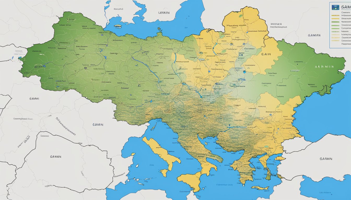 Garmin's products and services impact Ukraine. A map of Ukraine with Garmin products integrated into transportation and navigation systems