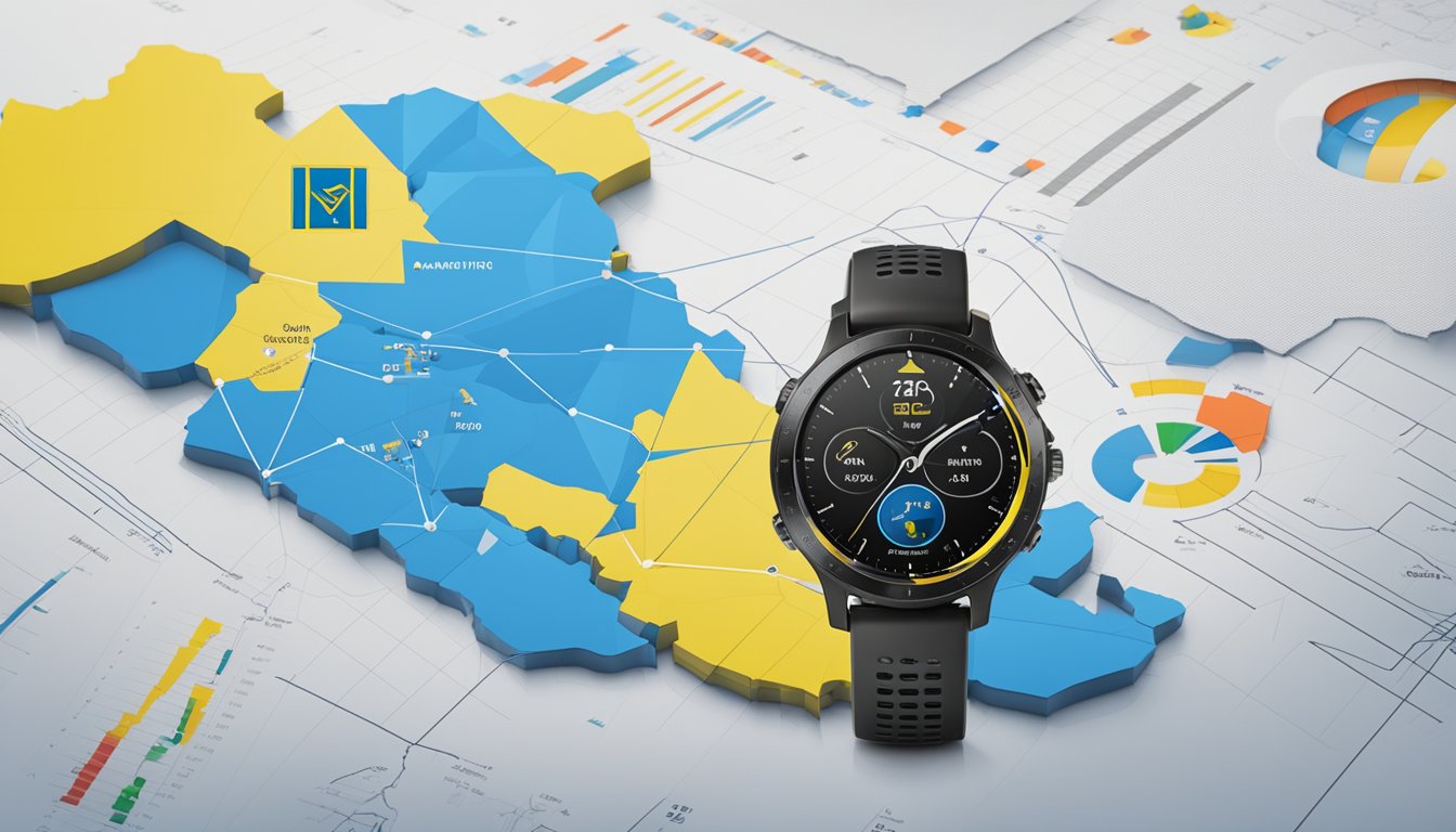 Garmin logo displayed with Ukraine flag, surrounded by economic data charts and graphs