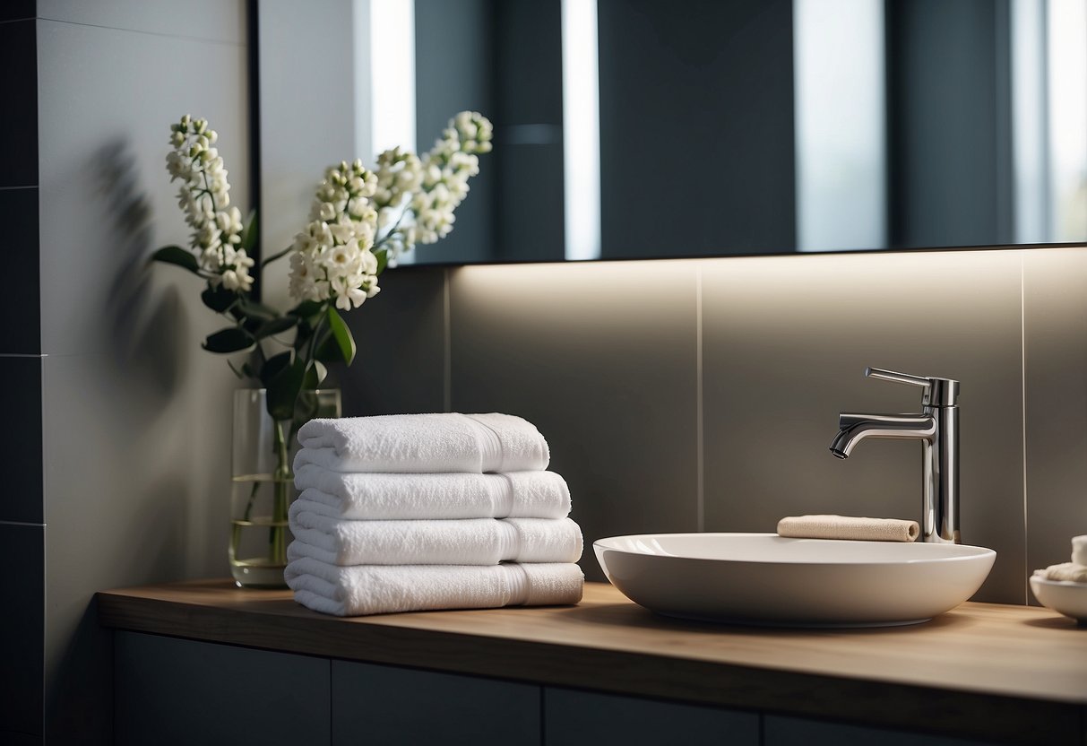 A modern bathroom with a sleek, white commode and a stack of neatly folded towels on a nearby shelf