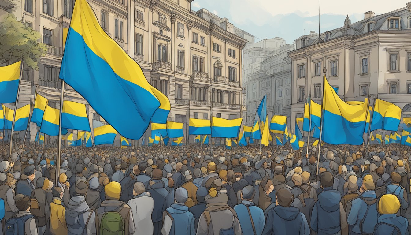 People gather in a public square, holding signs and flags in support of Ukraine. A banner with the words "Garmin supports Ukraine" is displayed prominently