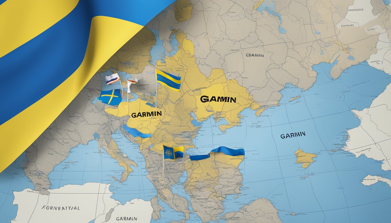 Garmin logo displayed on Ukrainian map, surrounded by flags, with "Support Ukraine" slogan