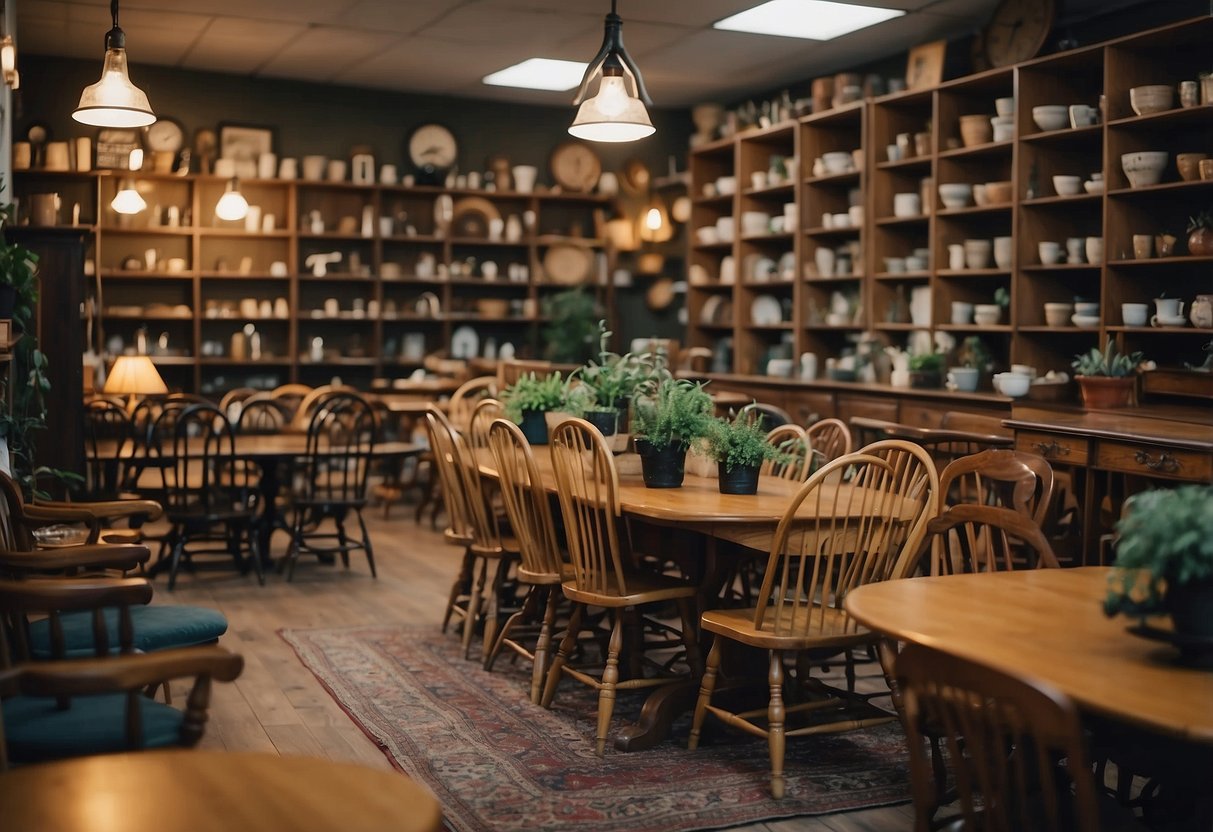 Shelves lined with vintage chairs, tables, and cabinets fill the cozy space of the second-hand furniture shop