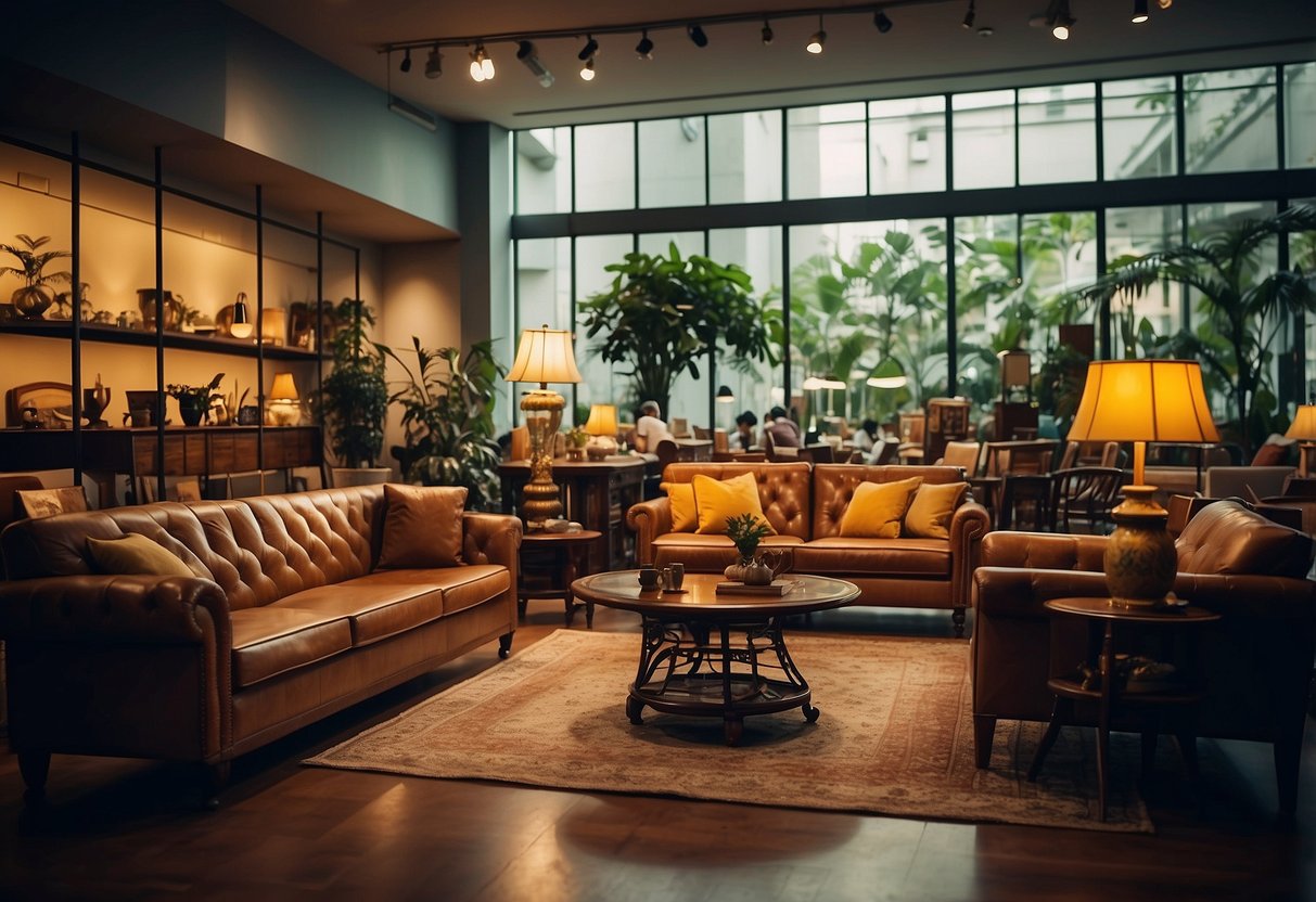 Customers browse vintage furniture in Singapore shops. Unique items fill the space, from retro sofas to antique tables. Light streams in through large windows, casting a warm glow on the eclectic collection