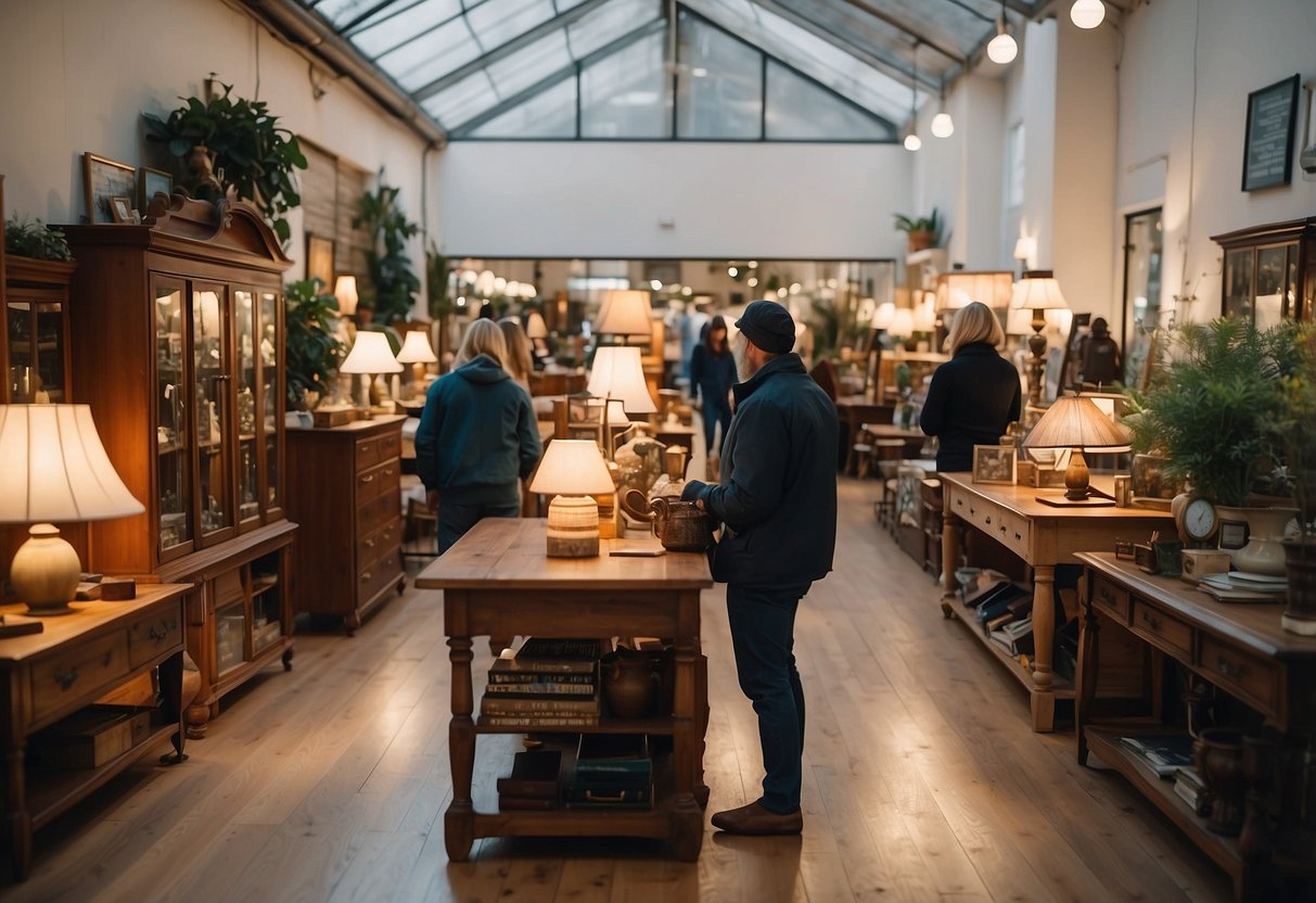 Customers browsing through rows of second-hand furniture, inspecting items for quality and style. Brightly lit shop with a variety of furniture pieces on display