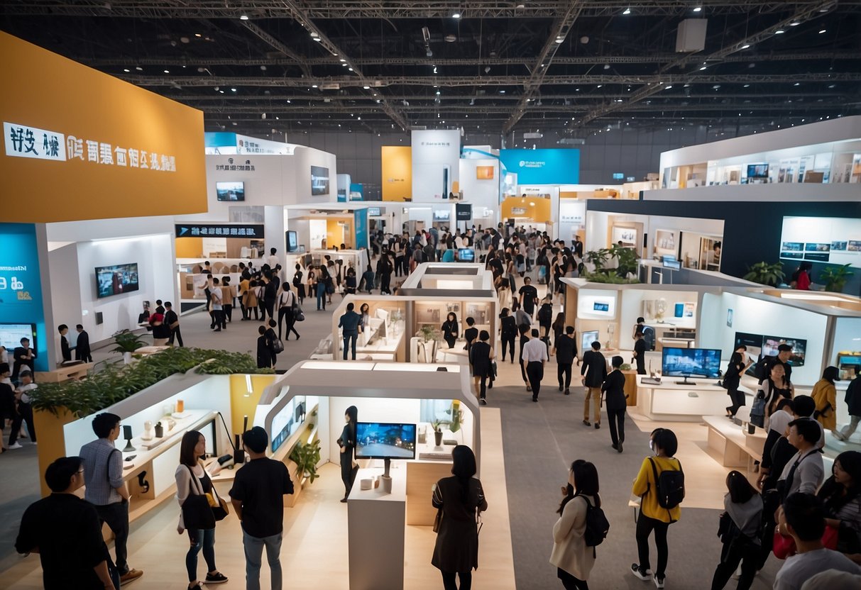A bustling exhibition hall filled with modern furniture displays and enthusiastic visitors at the Shenzhen Furniture Fair 2020