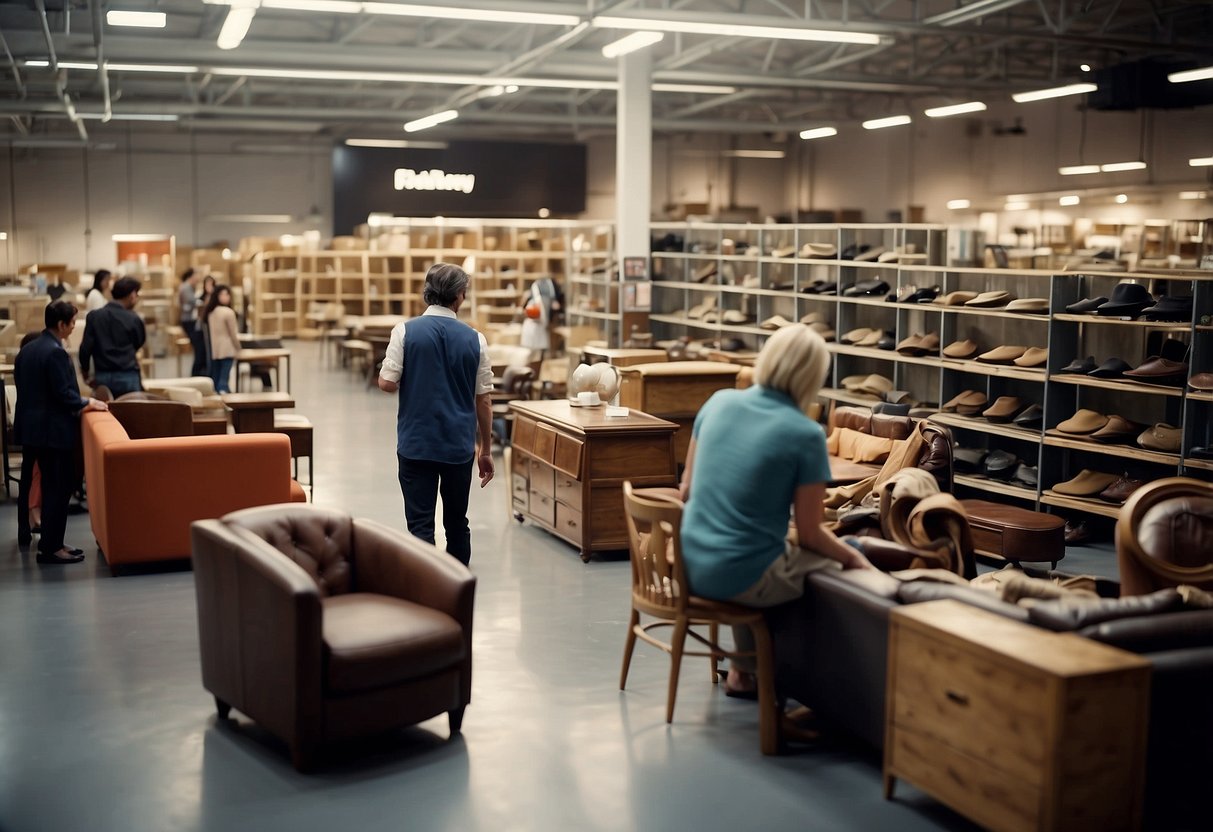 Customers browsing through rows of second-hand furniture, while staff members assist and answer questions. Signs with "Frequently Asked Questions" displayed prominently