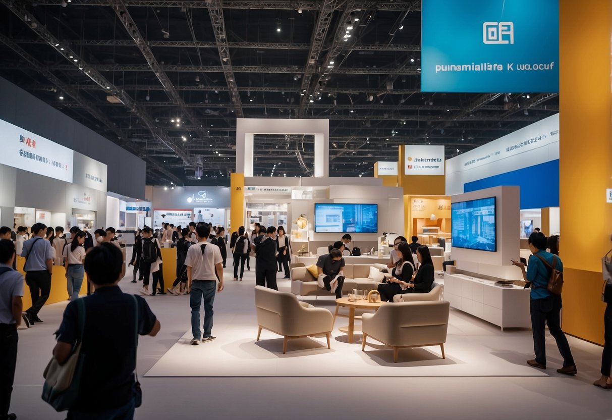 The bustling exhibition hall at Shenzhen Furniture Fair 2020, filled with vibrant displays and curious visitors exploring the latest trends and designs in the furniture industry