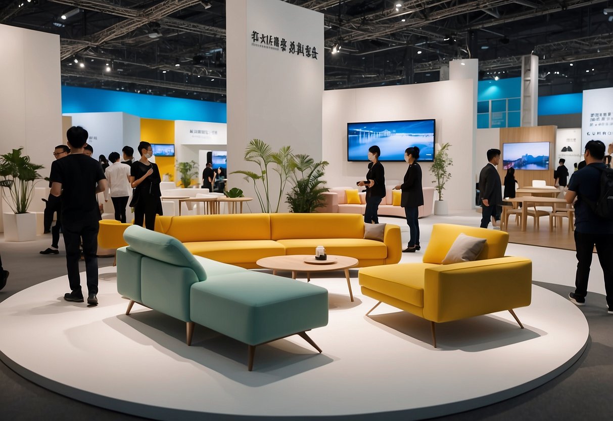 Visitors explore modern furniture displays at Shenzhen Furniture Fair 2020. Various styles and designs fill the spacious exhibition hall, with vibrant colors and sleek lines catching the eye