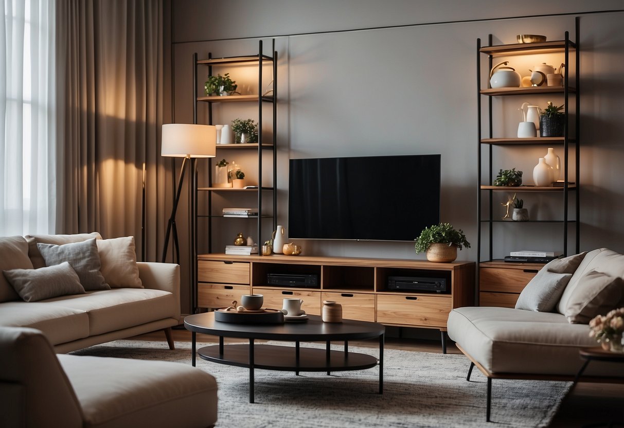 A cozy living room with SM home appliances and furniture arranged neatly, with a modern sofa, coffee table, and a sleek TV stand