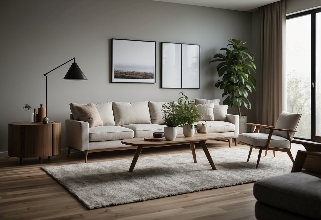A modern living room with SM's sleek furniture and stylish home appliances, featuring clean lines and neutral colors