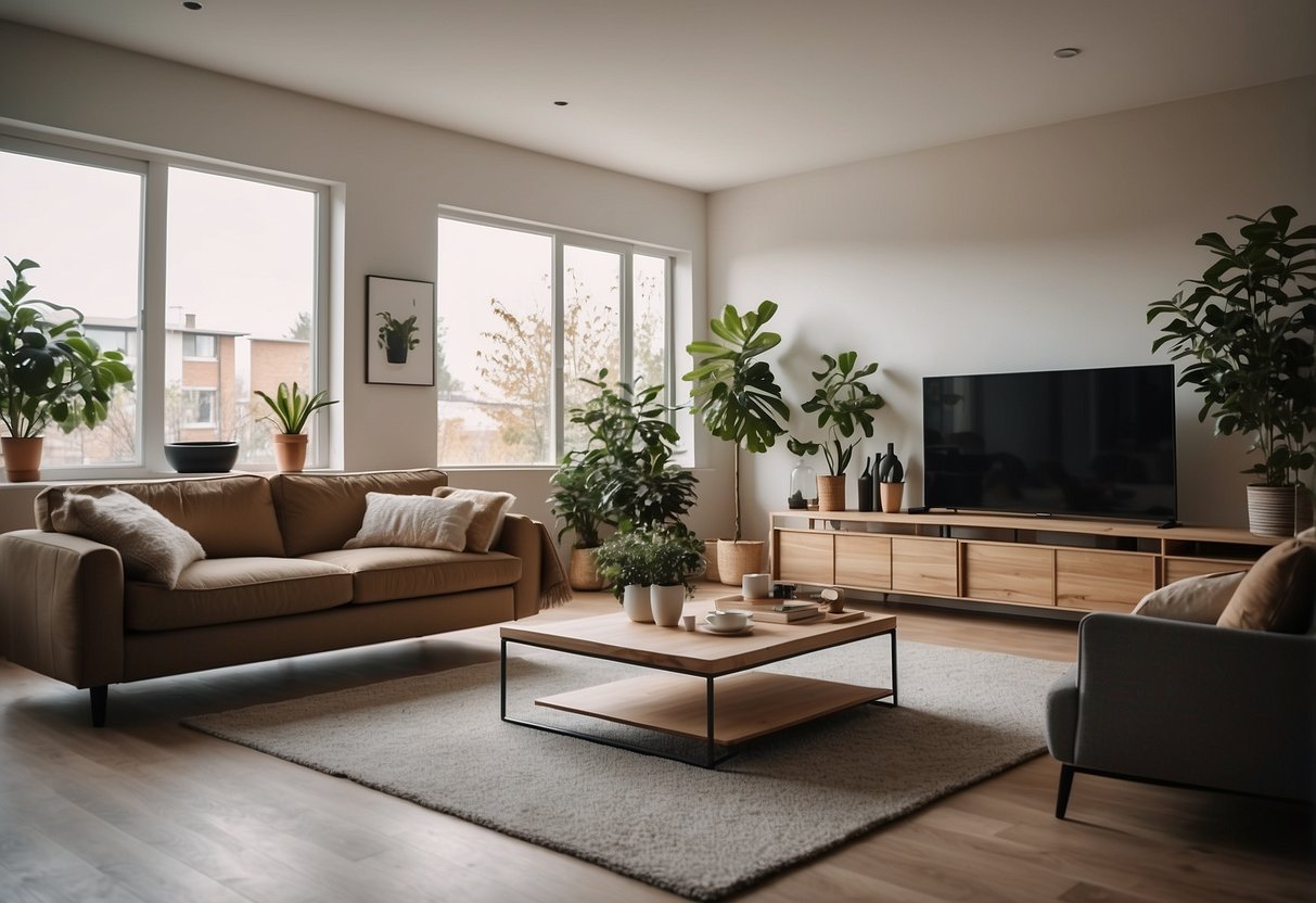 A cozy living room with modern home appliances and stylish furniture arranged neatly for a warm and inviting atmosphere