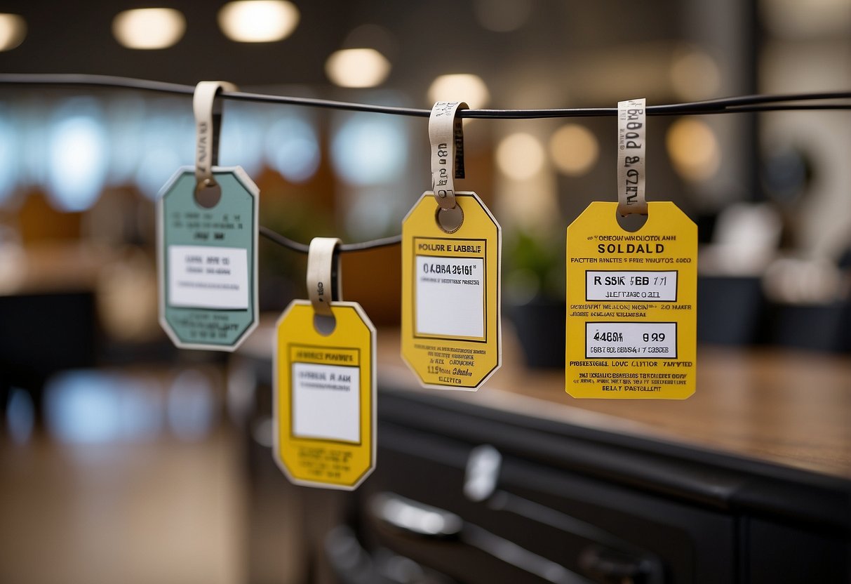 Sold tags hang from various furniture items in a showroom