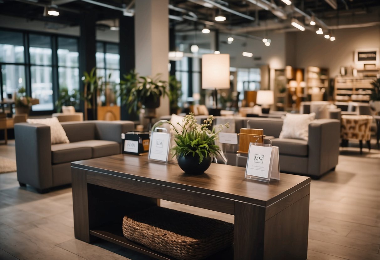 Furniture tags displayed on items in a well-lit showroom with clear pricing and promotional signage