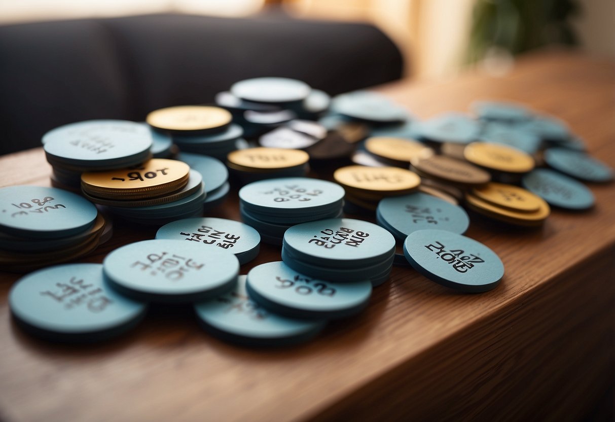 A stack of "Frequently Asked Questions" tags placed next to various pieces of furniture