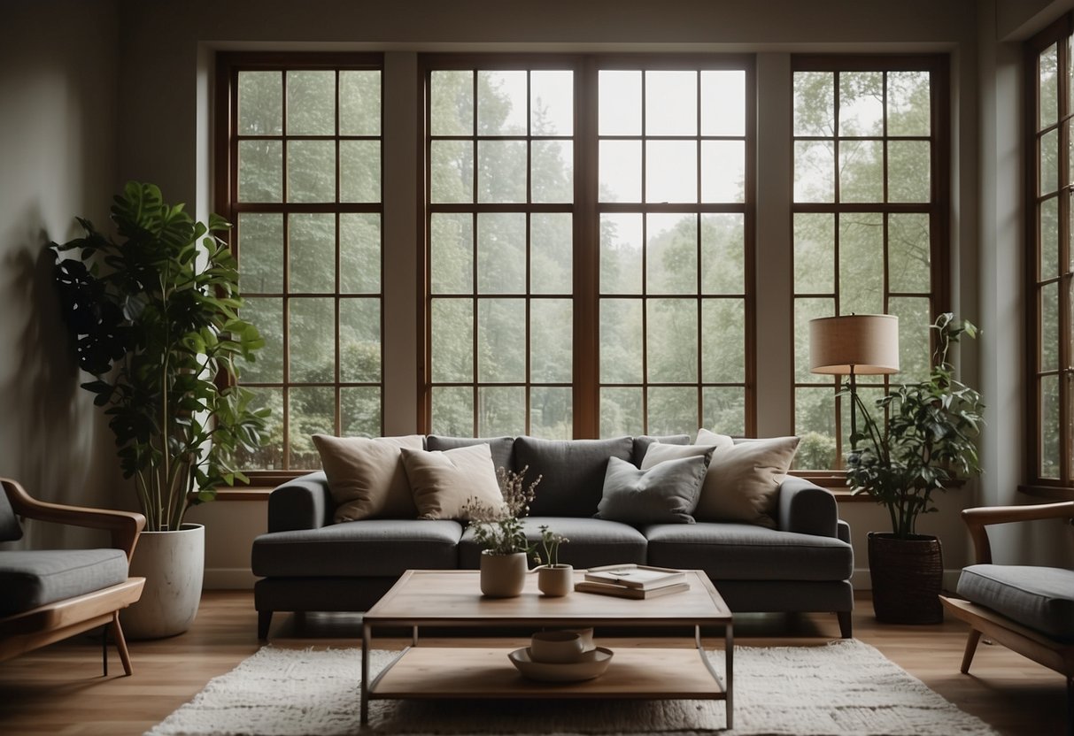 A cozy living room with modern Crestview furniture, soft lighting, and a large window overlooking a serene garden