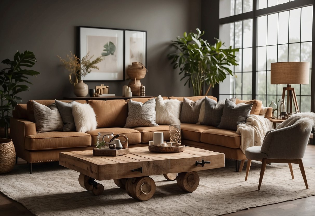 A cozy living room with a variety of stylish Crestview Collection furniture pieces, including a rustic coffee table, a plush sofa, and a unique floor lamp