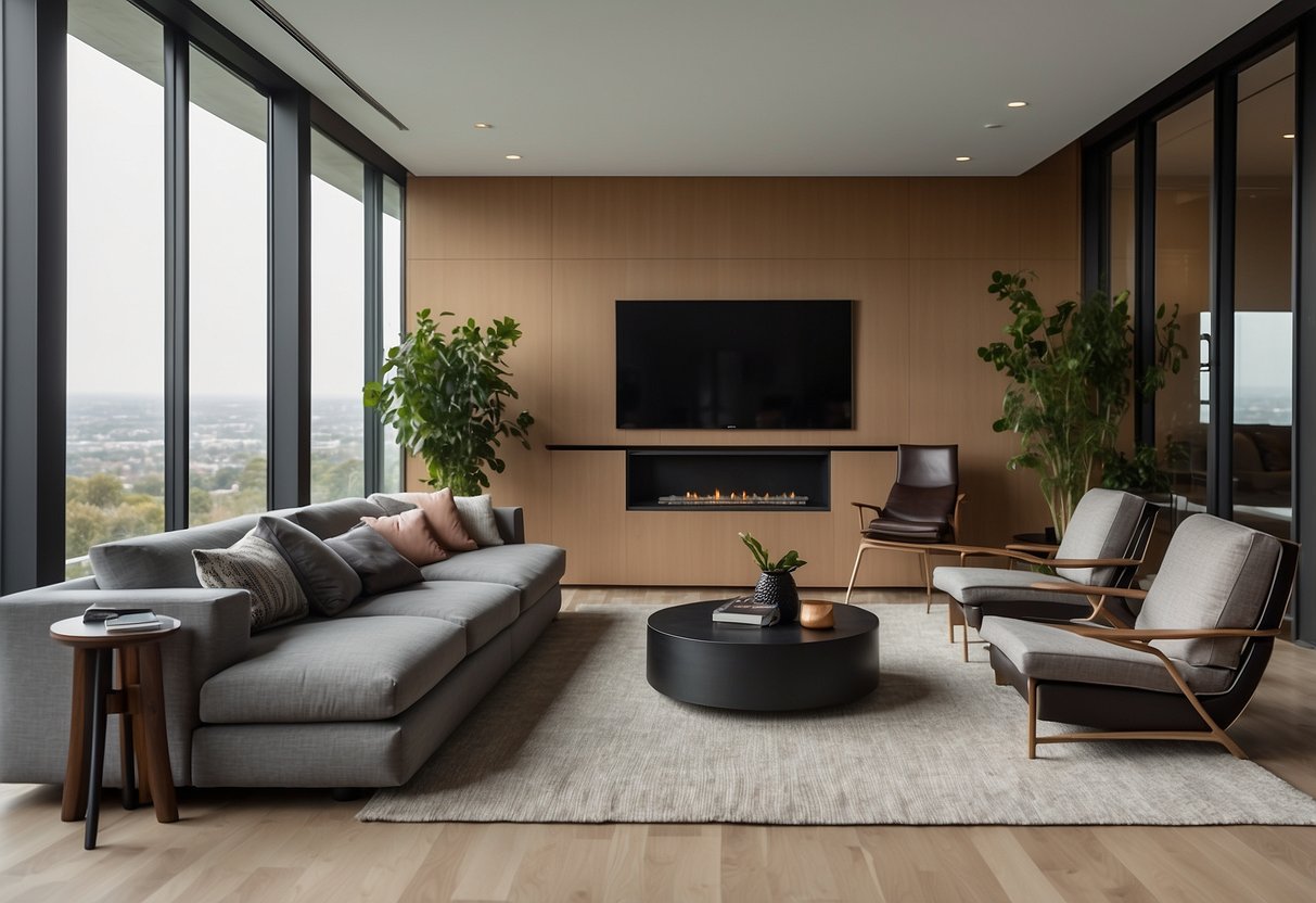 A modern living room with sleek furniture, a large flat-screen TV, and a cozy rug. The room is filled with natural light from the floor-to-ceiling windows, and there are various electronic devices scattered around