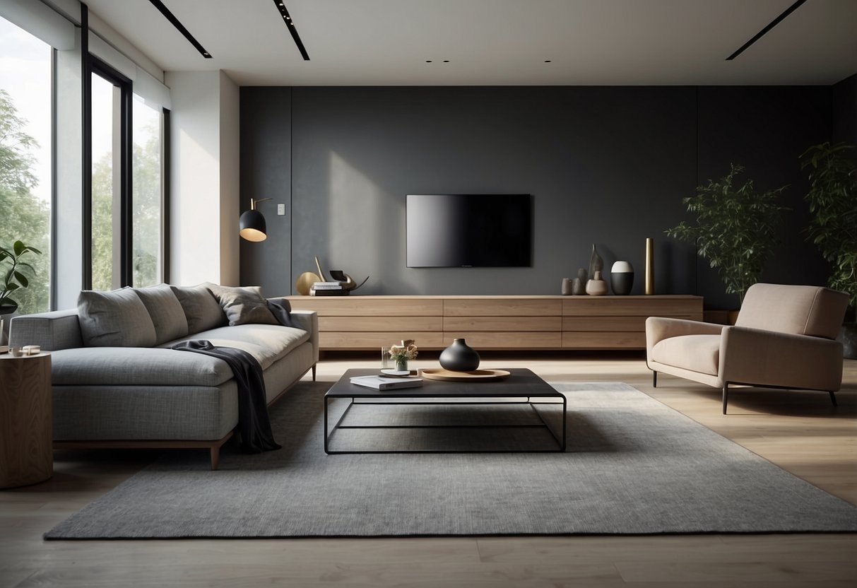 A modern living room with sleek, minimalist furniture. Clean lines and open spaces create a sense of freedom and flexibility in the design