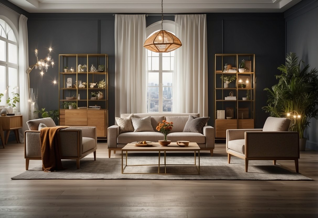 A room with various furniture pieces arranged in different configurations, showcasing the concept of "degrees of freedom" in furniture design