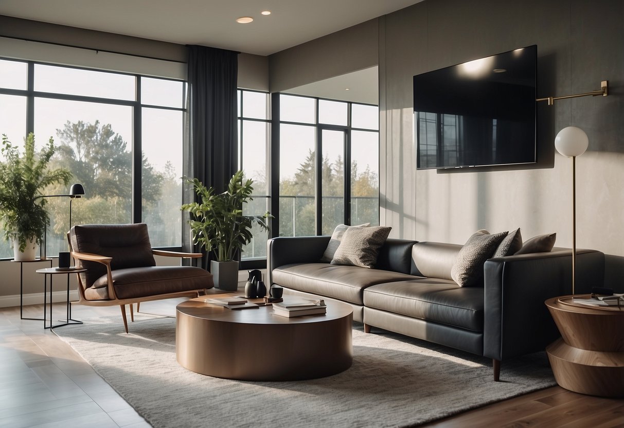 A modern living room with a sleek sofa, a stylish coffee table, and a contemporary entertainment center, all bathed in natural light from large windows