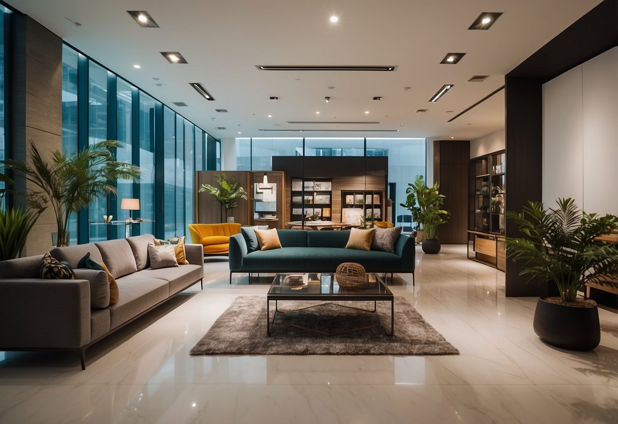 A modern furniture store in Johor, with sleek designs and vibrant colors, showcasing various pieces arranged in a spacious and well-lit showroom