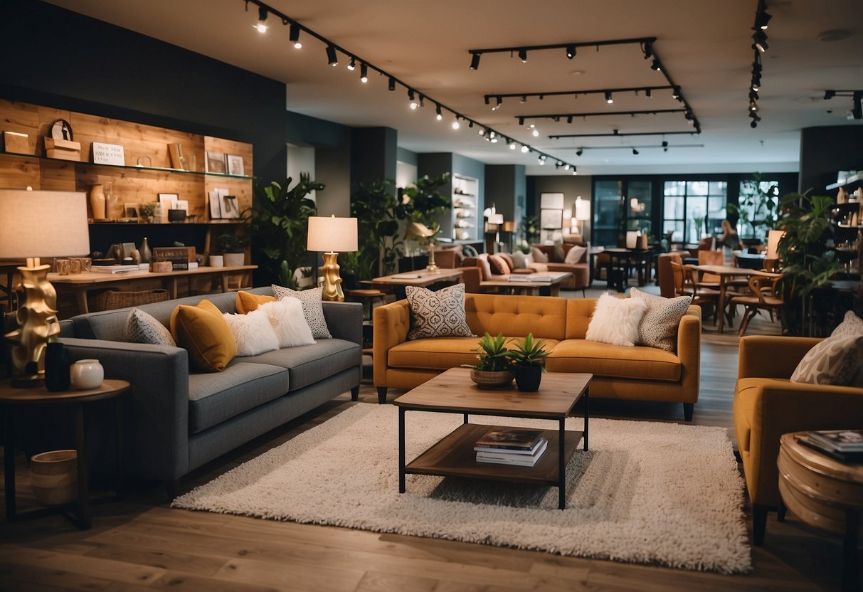 A bustling online furniture store with flashing Cyber Monday deals, customers browsing, and a FAQ section prominently displayed on the website