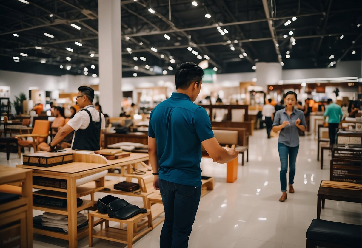 Customers browsing through aisles of furniture, admiring various designs and styles at SSF Furniture Outlets in Johor