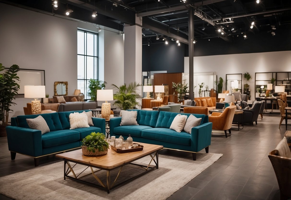 A spacious showroom filled with a wide variety of furniture, from modern to traditional styles, with professional staff assisting customers