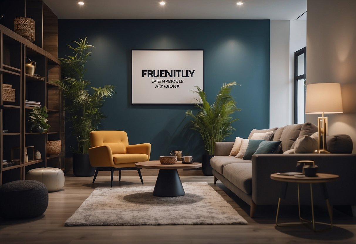 A room with modern furniture, a sign reading "Frequently Asked Questions ssf furniture johor" on the wall, and a customer browsing through a catalog