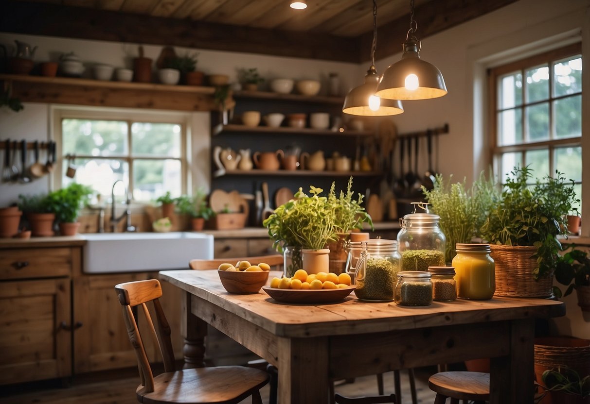 A cozy farmhouse kitchen with a rustic wooden table, mismatched chairs, and shelves filled with colorful jars and cooking utensils. A warm, glowing stove sits in the corner, surrounded by potted herbs and plants