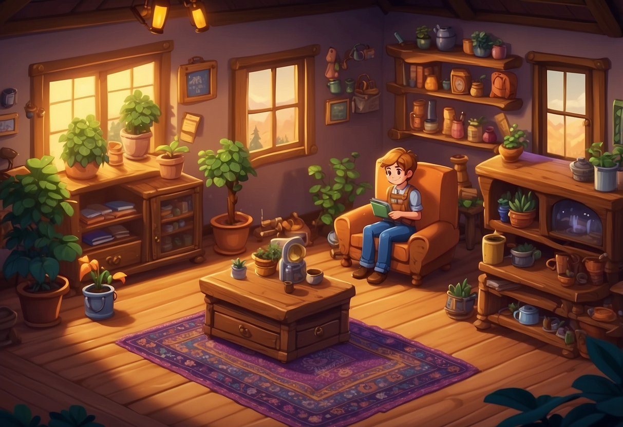 A character examines various furniture options in a cozy Stardew Valley home, surrounded by colorful rugs, potted plants, and a selection of elegant wooden and metal furniture pieces
