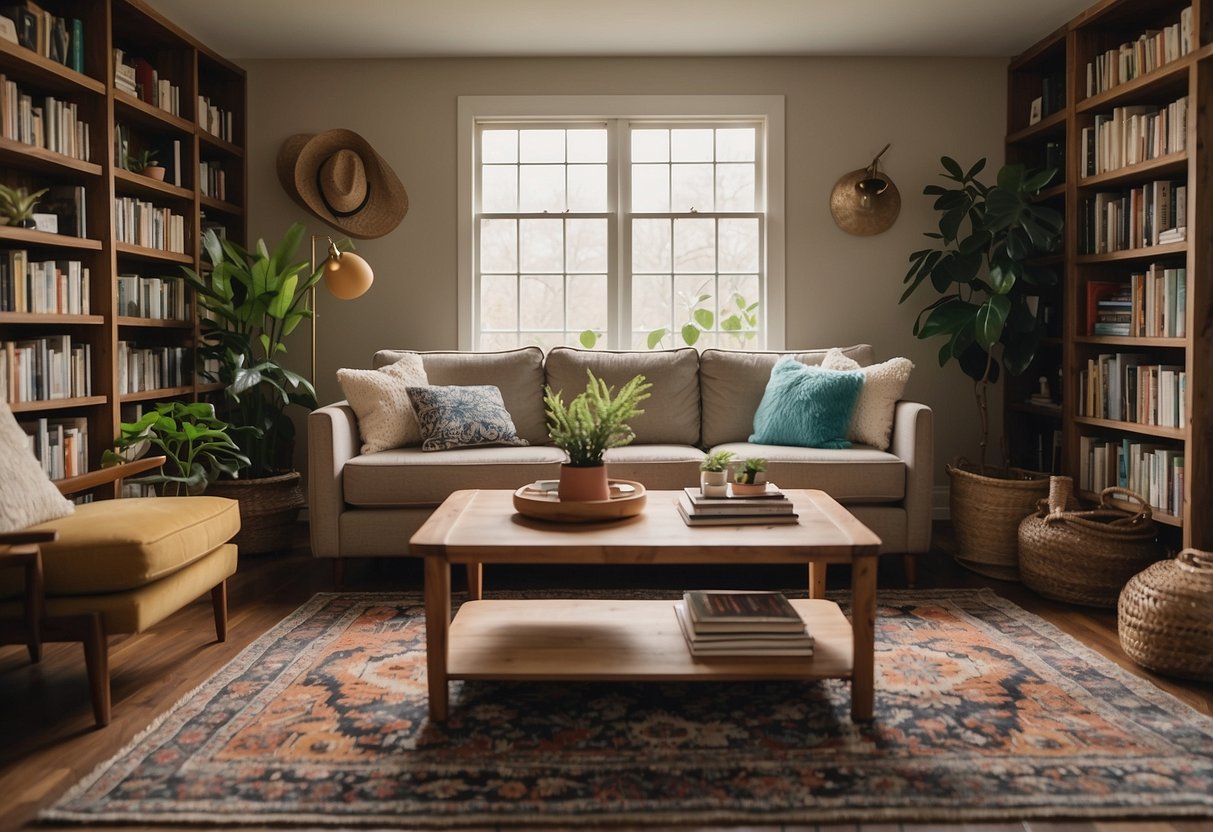 A cozy living room with a plush sofa, a rustic wooden coffee table, and a colorful area rug. Shelves filled with books and plants, and soft lighting create a warm and inviting atmosphere