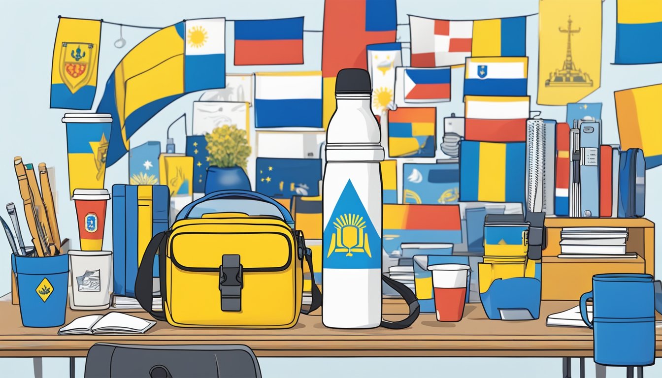 A Hydro Flask with the Ukrainian flag sticker sits on a desk, surrounded by supportive messages and symbols of solidarity