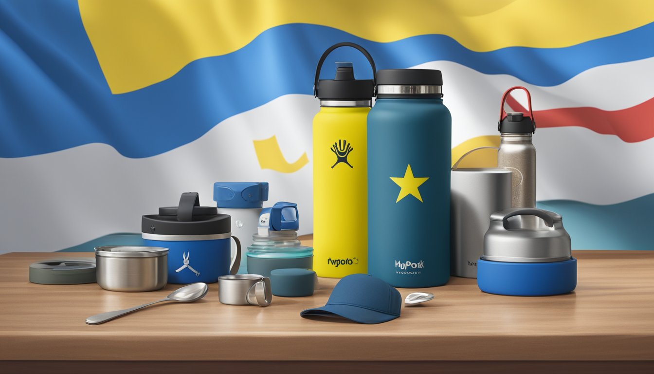 A display of Hydro Flask products with a Ukrainian flag in the background