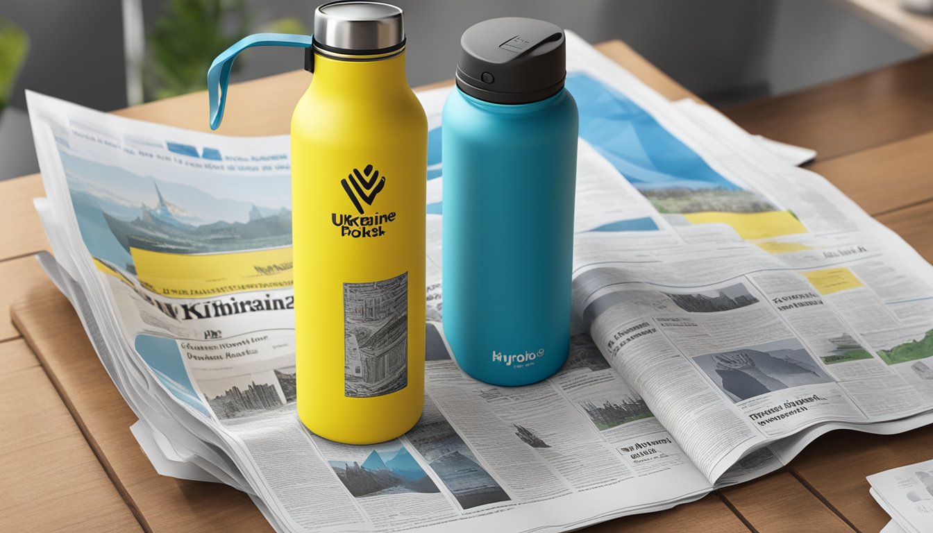 A Hydro Flask sits on a table with a newspaper showing headlines about Ukraine