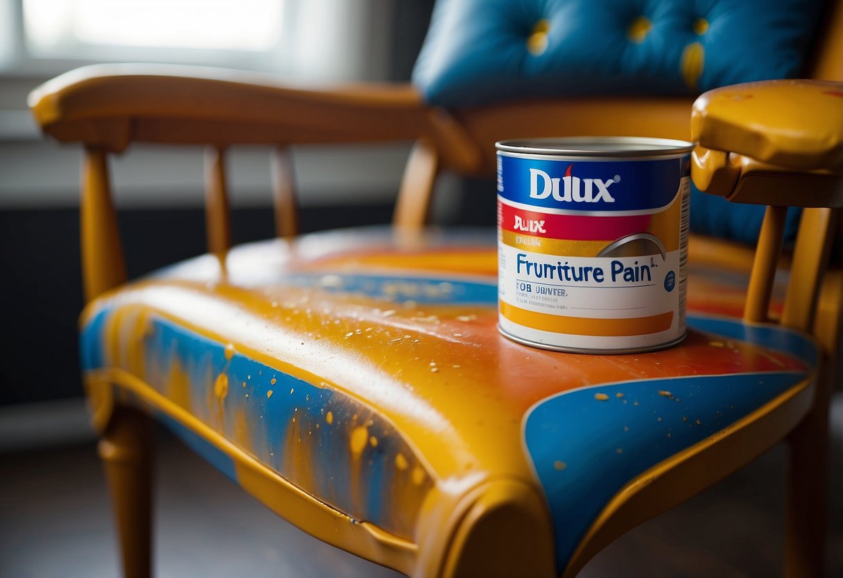 A can of Dulux furniture paint being used to transform a worn-out chair into a vibrant, freshly painted piece of furniture