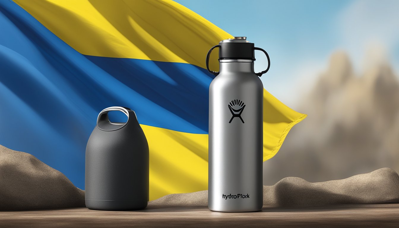 A Hydro Flask stands against a backdrop of the Ukrainian flag, symbolizing support