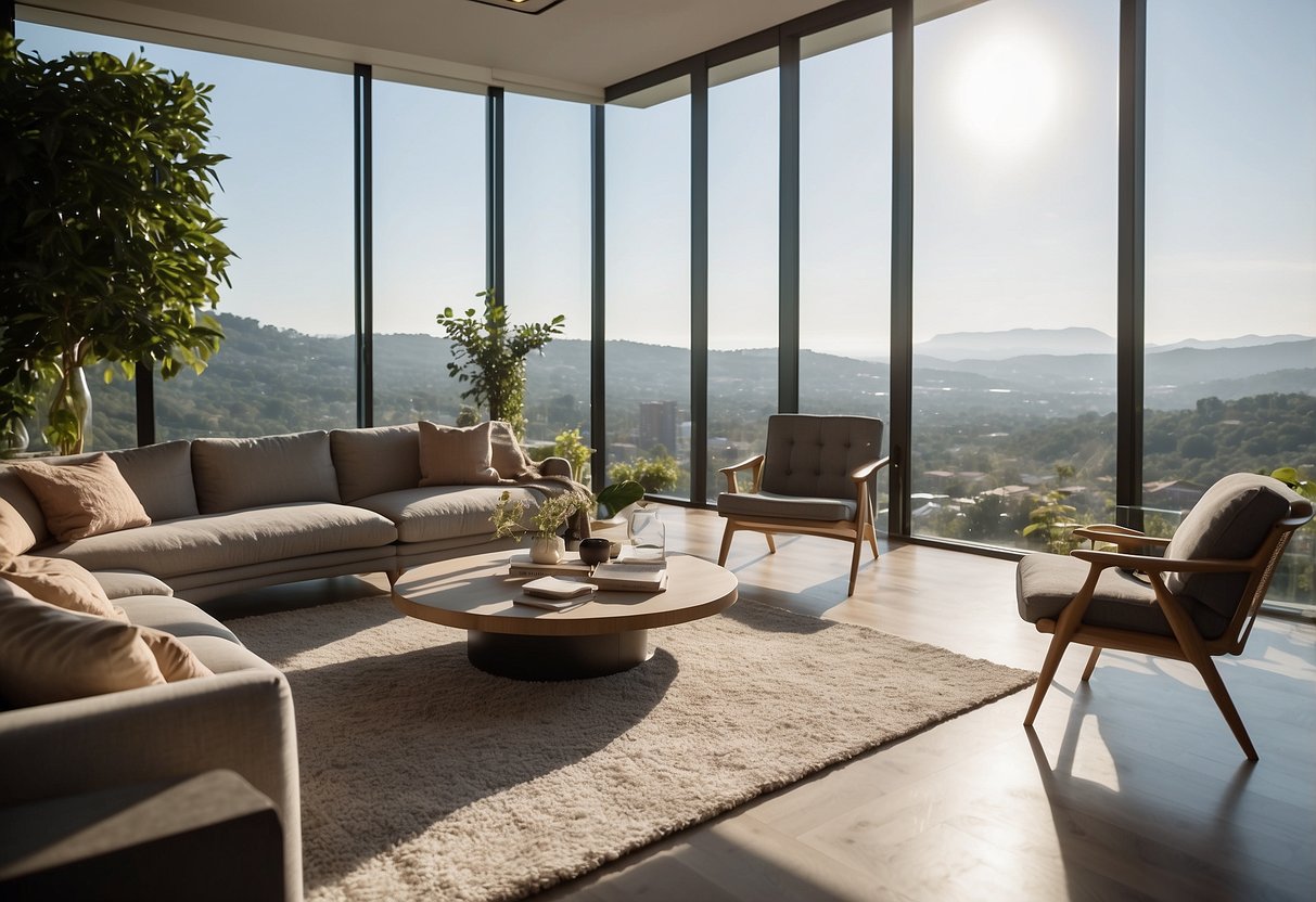 A modern living room with sleek fortytwo com furniture, minimalist decor, and natural light streaming in through large windows