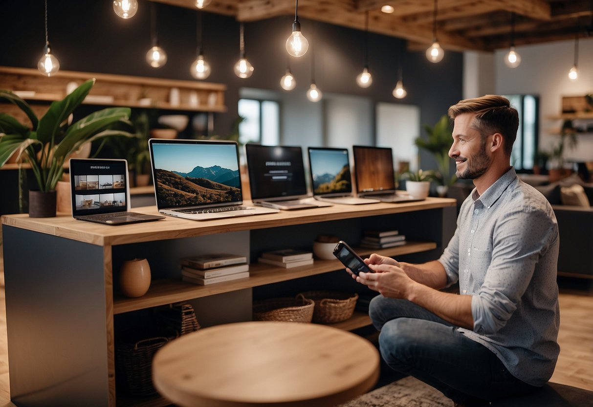 A customer browses through modern furniture options on the fortytwo com website, selecting items and adding them to their virtual shopping cart