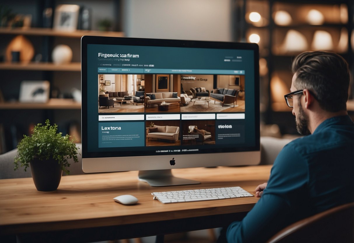 A customer browsing through a website, looking at different furniture items with a "Frequently Asked Questions" section in the background