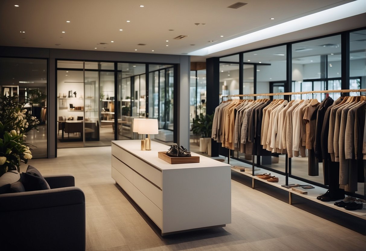 A showroom filled with stylish wardrobes, customers browsing, staff assisting, and a sign displaying "Frequently Asked Questions about fantastic furniture wardrobes."