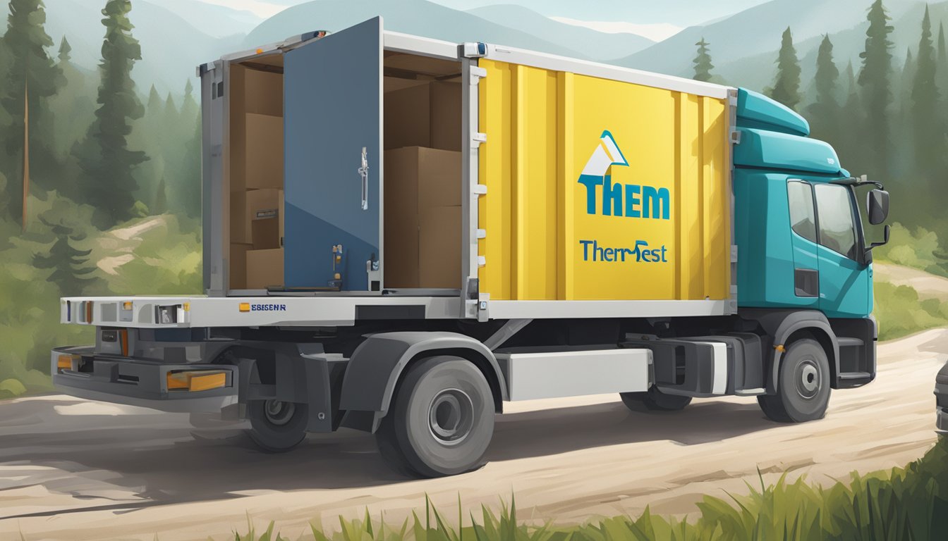 Therm-a-Rest logo displayed on a relief aid package being delivered to Ukraine