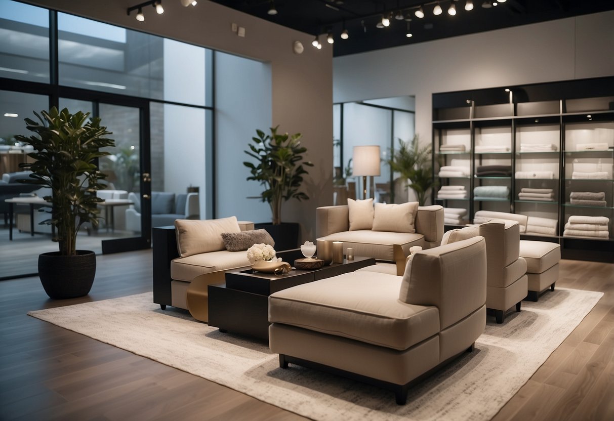 A sleek, modern showroom displays a variety of spa furniture with price tags clearly visible. Clean lines and neutral colors create a minimalist yet inviting atmosphere