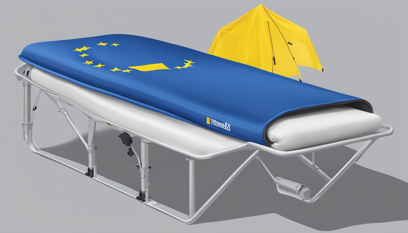 A Therm-a-Rest product with Ukraine flag draped over it, surrounded by innovative features