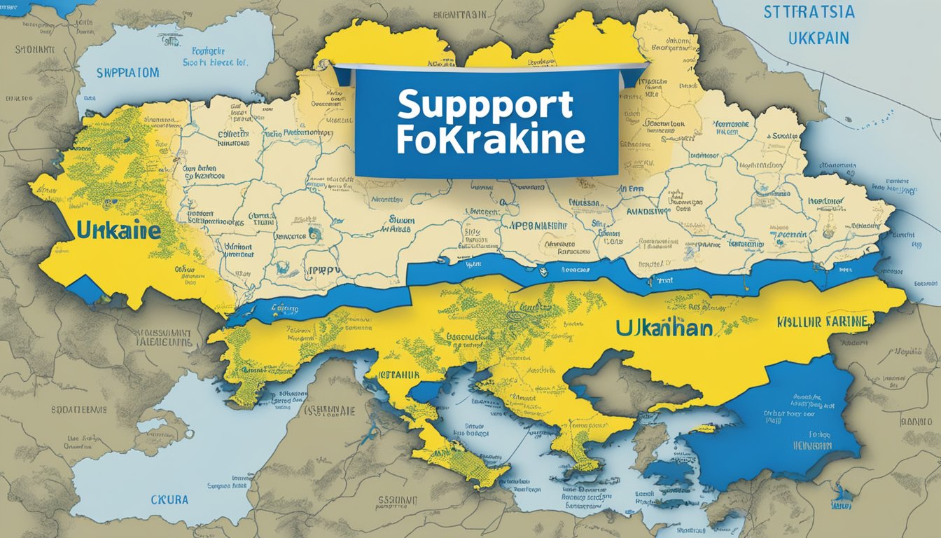 A large Therm-a-Rest banner hangs prominently, with a map of Ukraine and the words "Support for Ukraine" displayed prominently