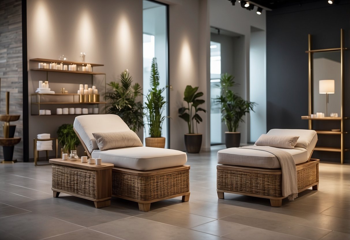A showroom displaying modern spa furniture with a price list