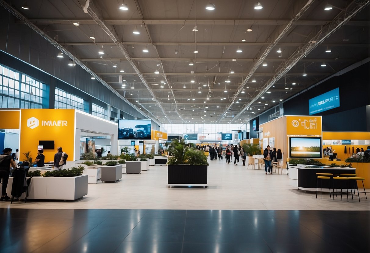 The expo hall is filled with rows of modern and sleek furniture displays, with bright lights and bustling activity