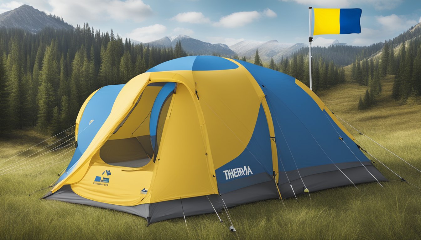 Therm-a-Rest's product range and specifications are displayed on a banner with the Ukrainian flag in the background